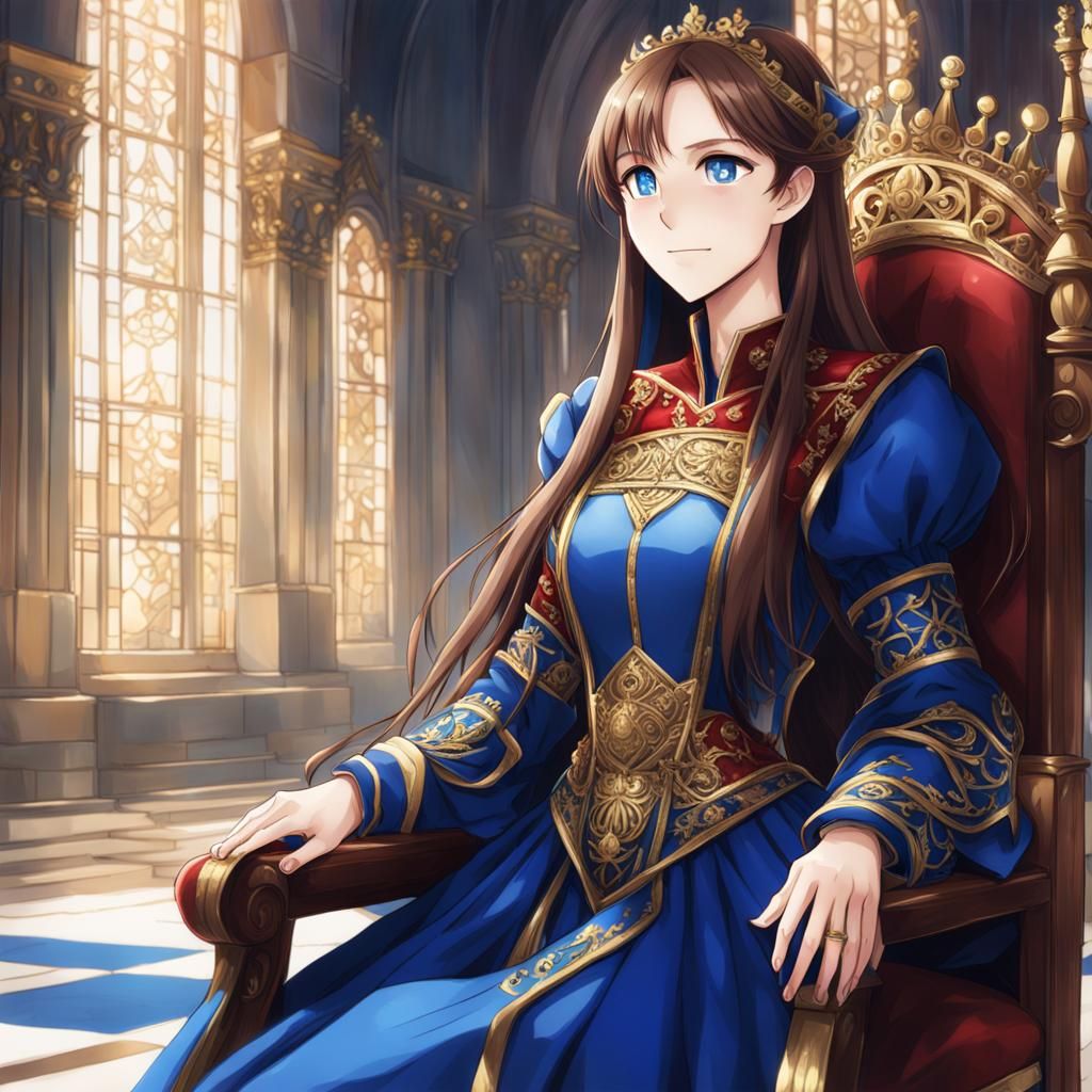 Girl in Blue Gown on Throne, Anime Style