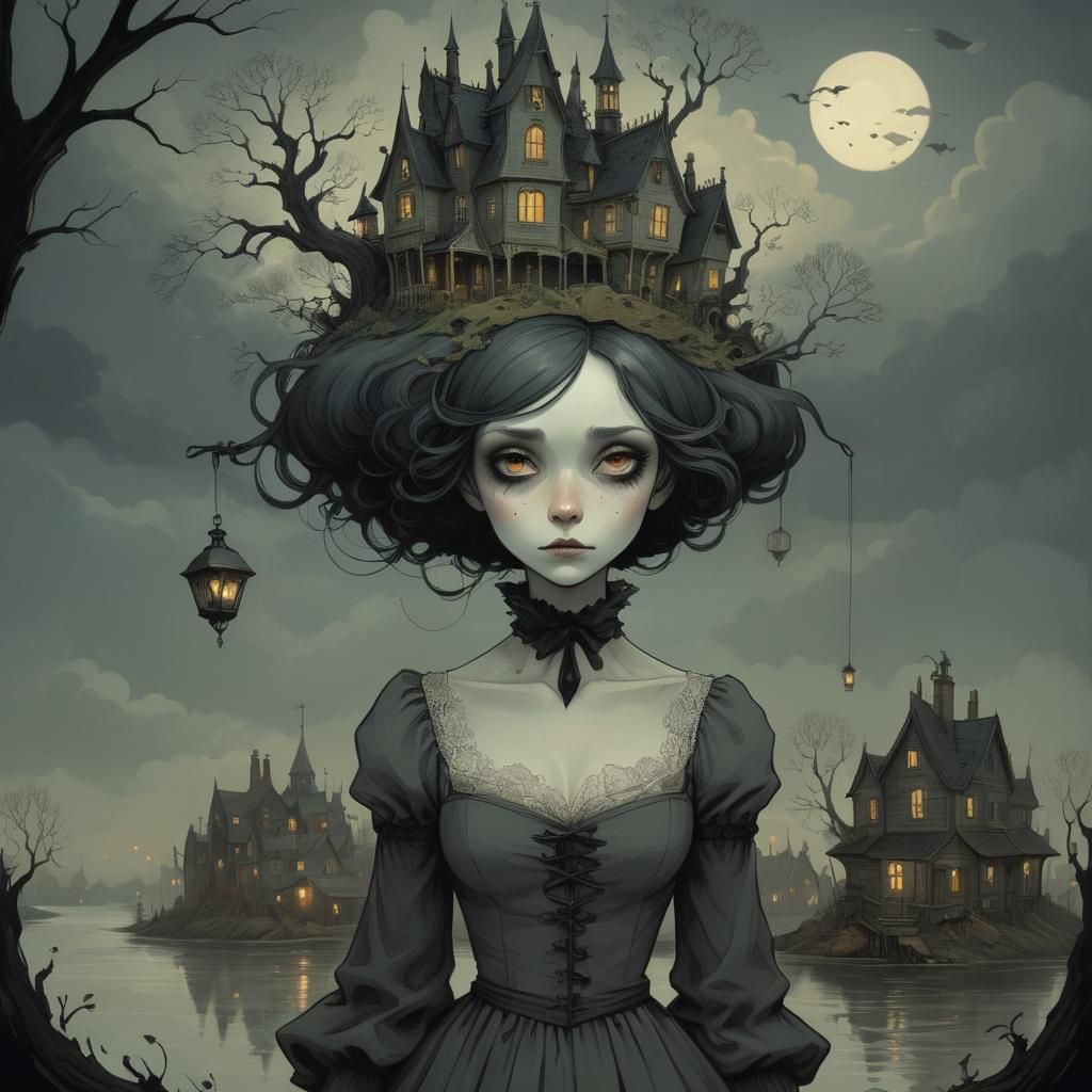 Gothic Monster with Floating Houses in Surreal Scene