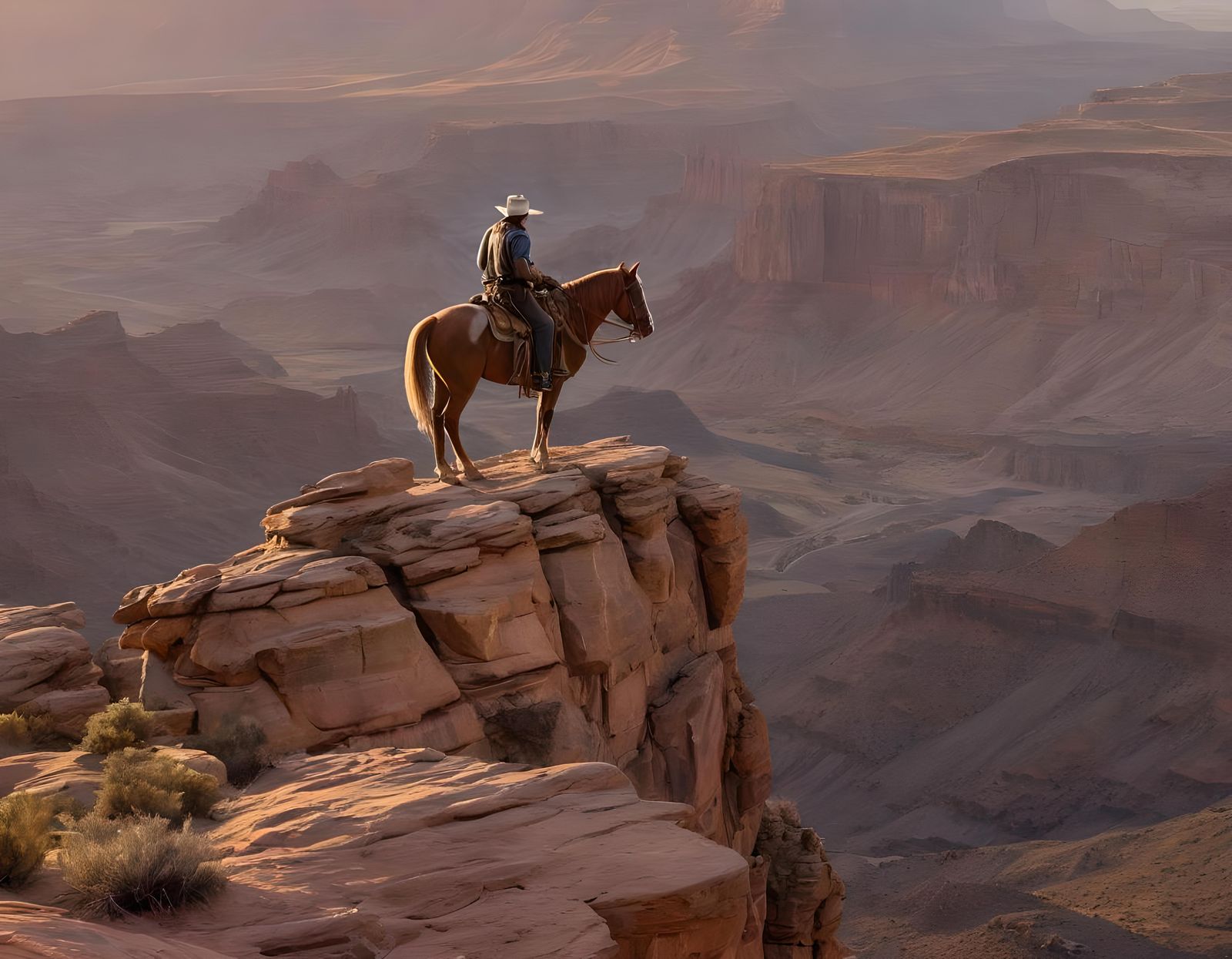 Cowboy and Horse at Sunset Over Desert Canyon