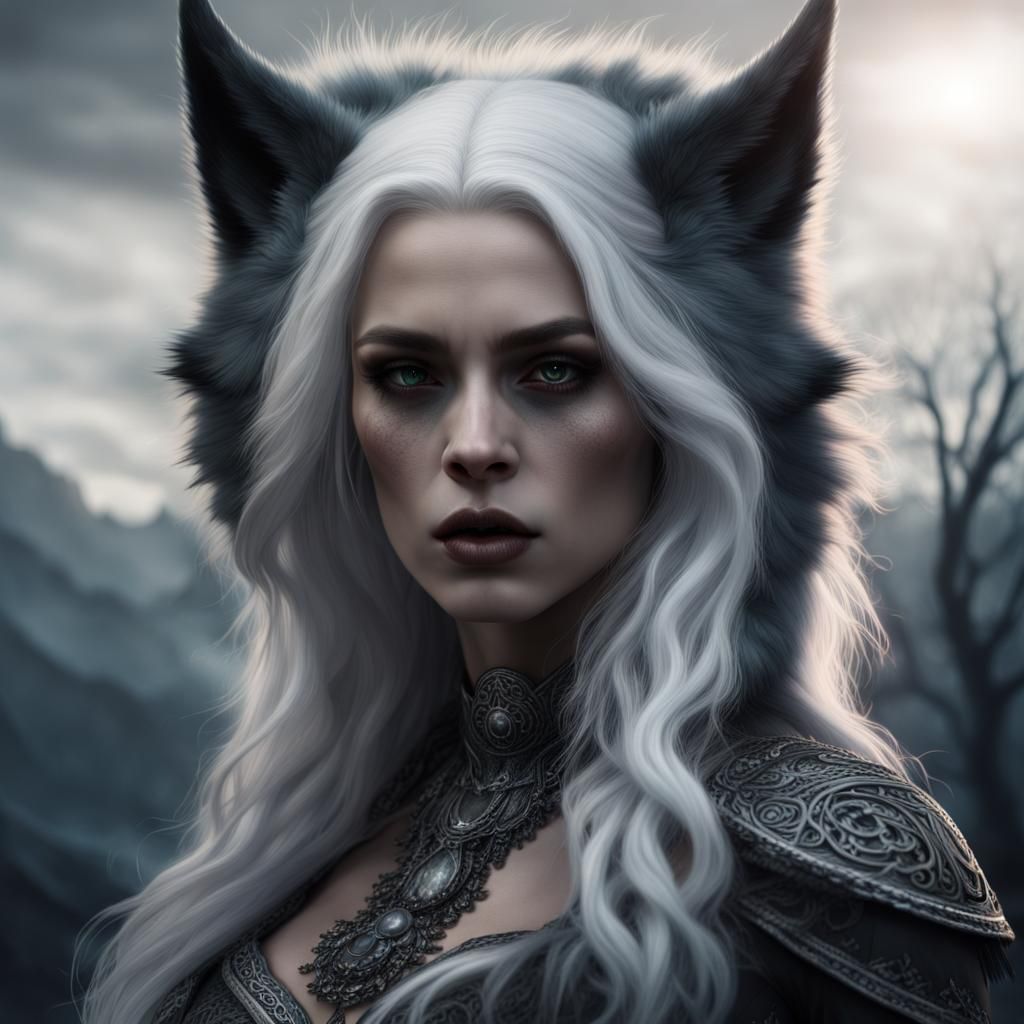 Gothic Werewolf Goddess with White Hair