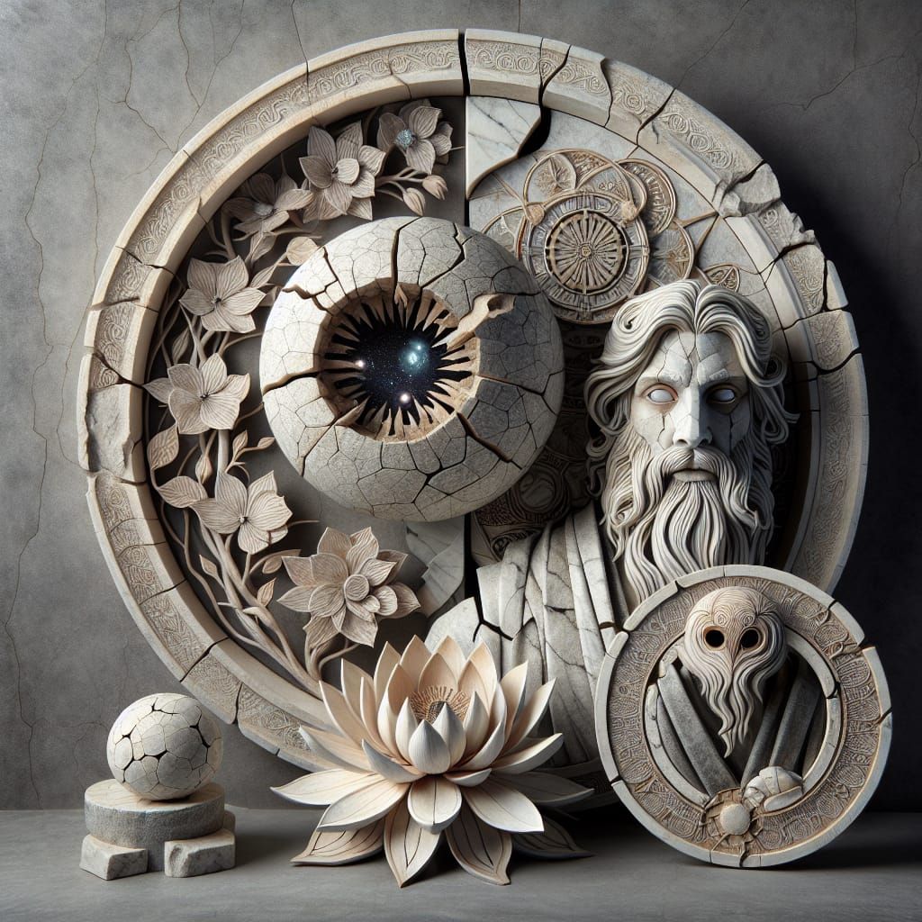 Ethereal Stone Statue with Cracked Mask in Nocturnal Glow