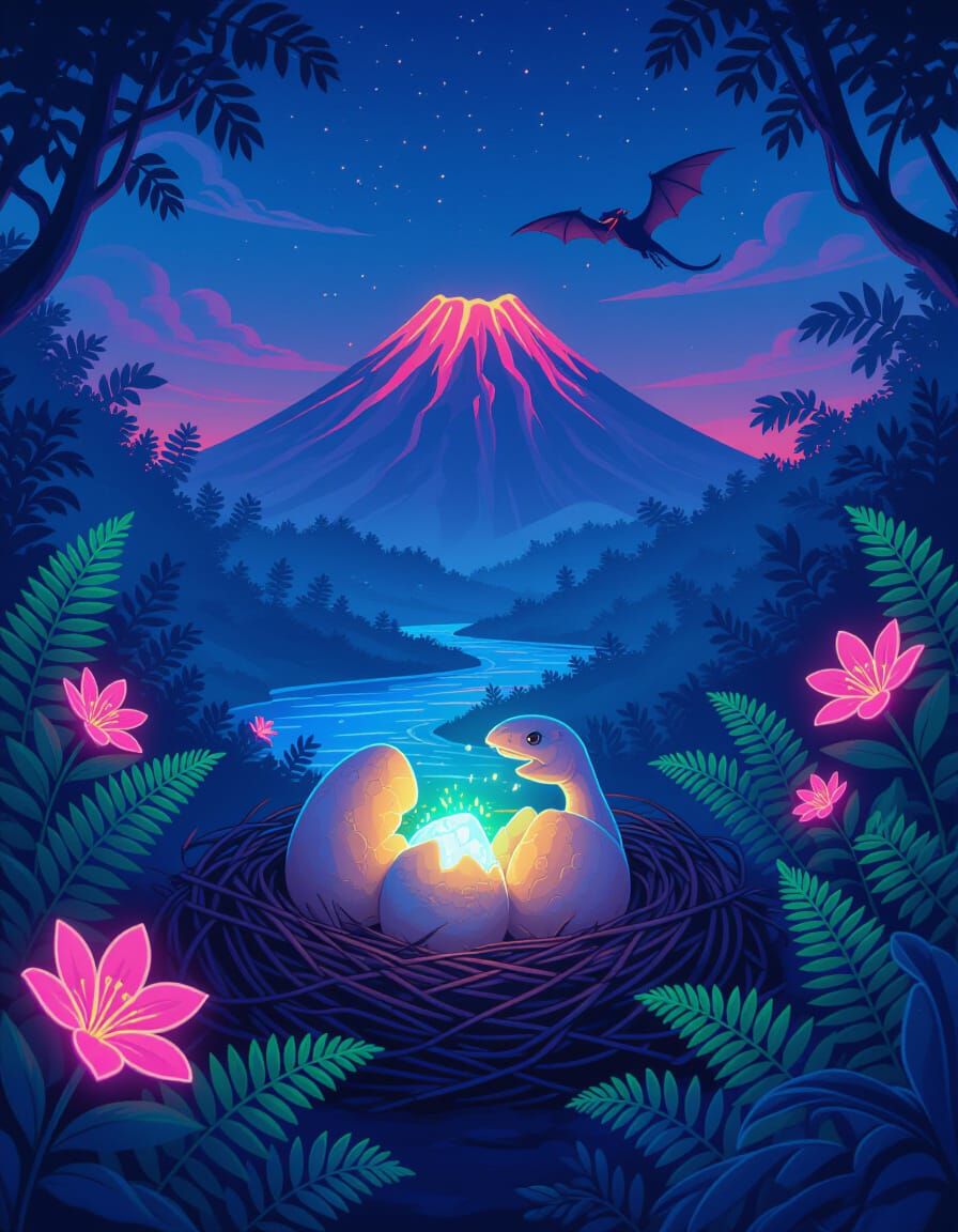 Bioluminescent Brachiosaurus Hatching in Jurassic Landscape