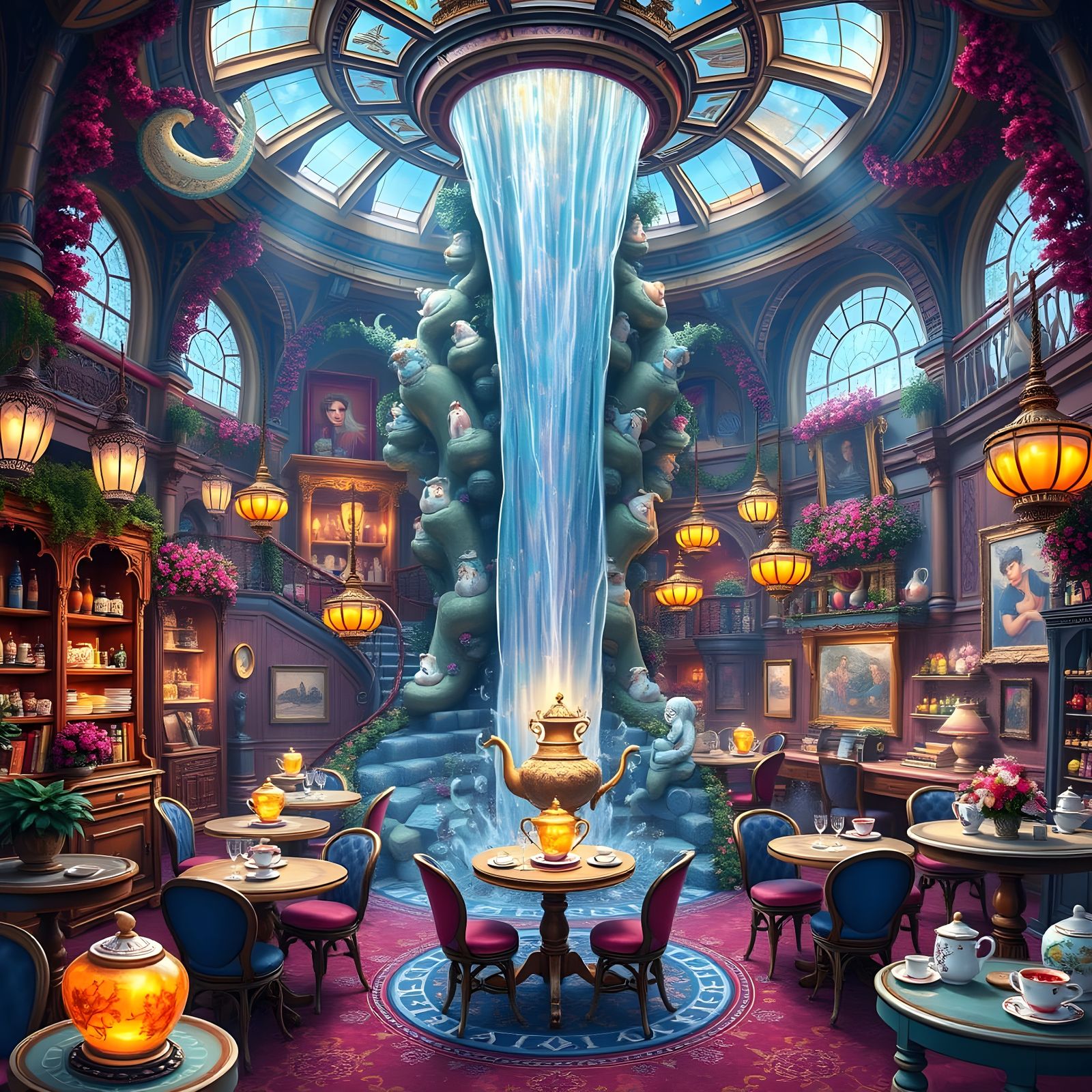 Waterfall Teashop: A Colorful Fantasy Scene