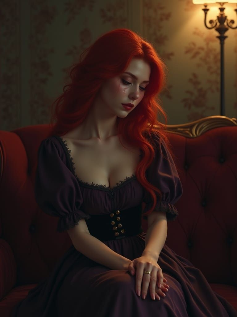 Victorian Woman in Dimly Lit Room, Melancholic Mood