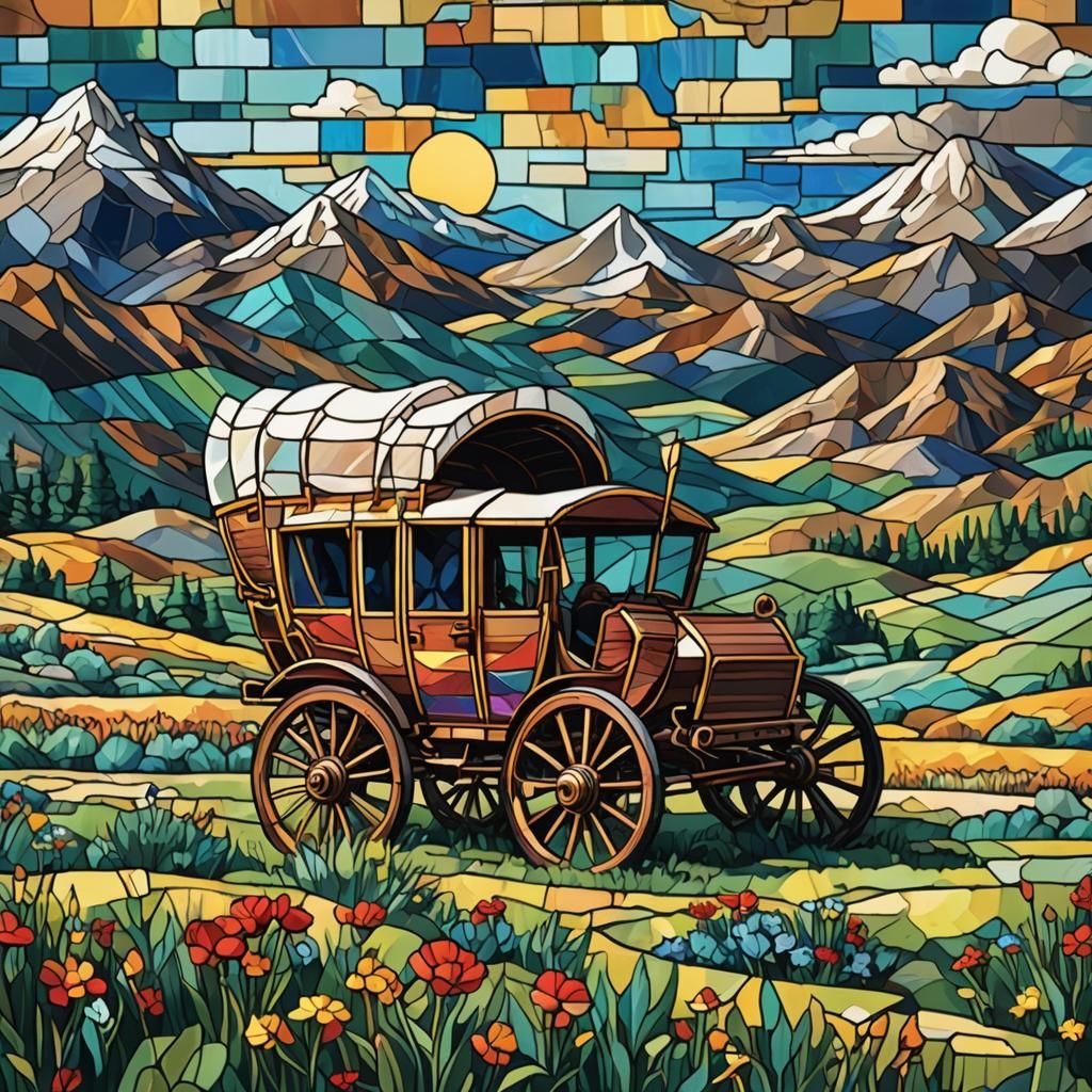 Stained Glass Oregon Trail Wagon in Pixel Art