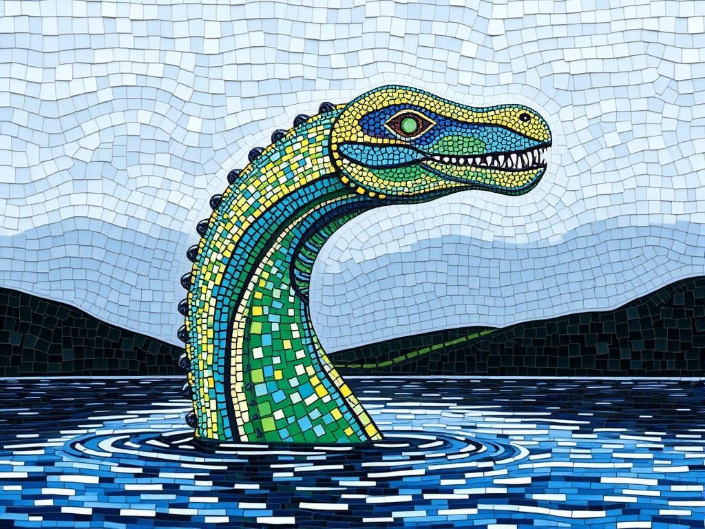 Mosaic Art Loch Ness Monster Rises from Pristine Water
