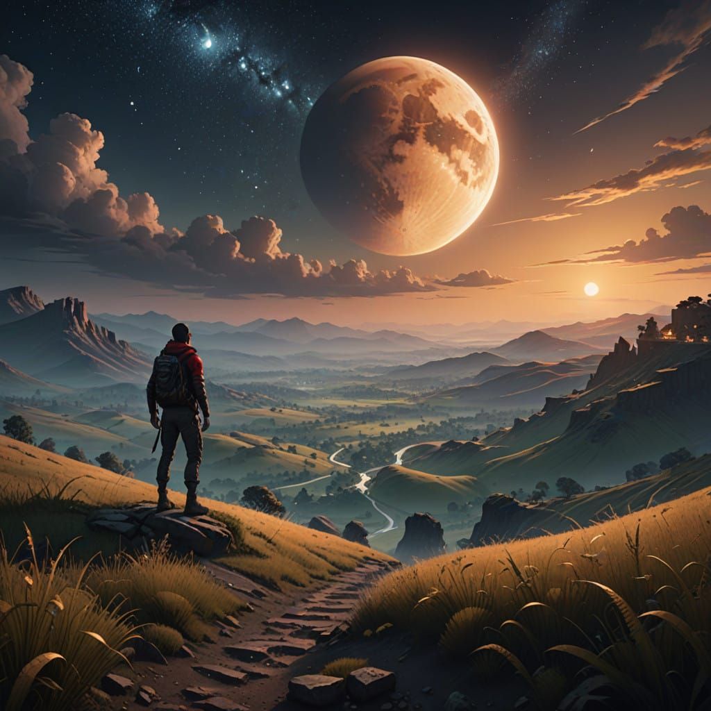 Crescent Moonlit Landscape in a Cinematic Volumetric Style