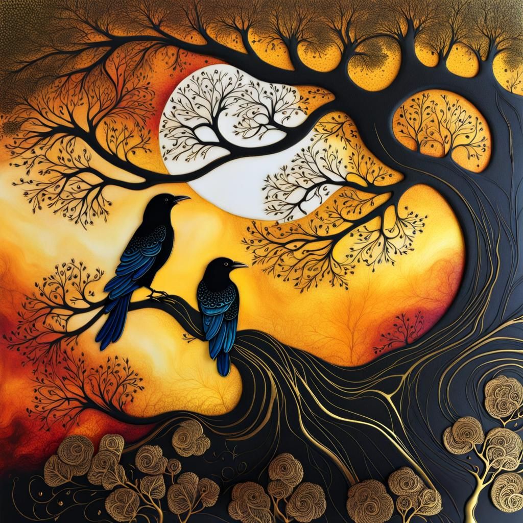 Dreaming Ravens Beneath Fantasy Trees in Alcohol Ink