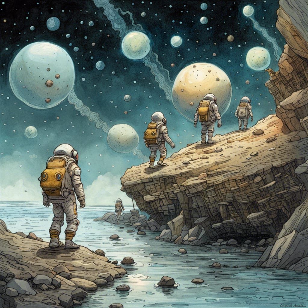 Astronauts Explore Alien Shoreline Under Milky Way