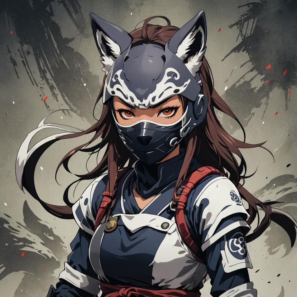 Anime Wolf Mask Kunoichi in Cel-Shaded Style
