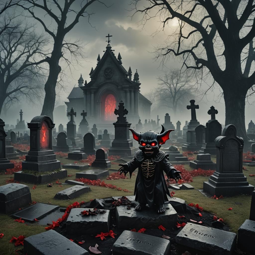 Baby Devil Laughing in Cemetery: Dark Fantasy Art