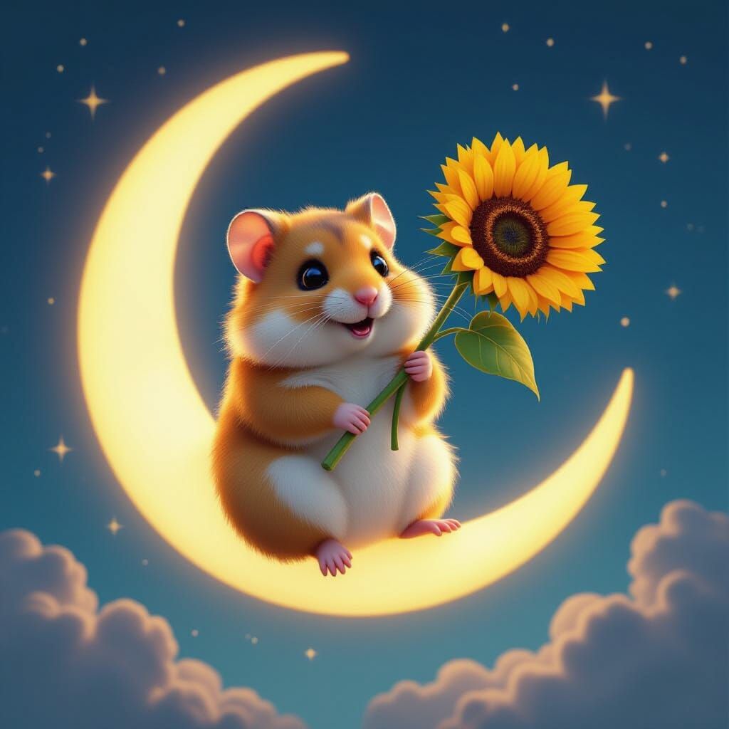 Fluffy Hamster on Moon with Sunflower, Fantasy Concept Art