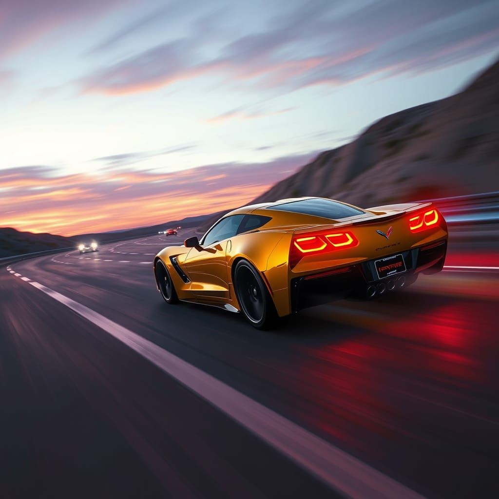 Futuristic Gold Corvette on Neon Highway