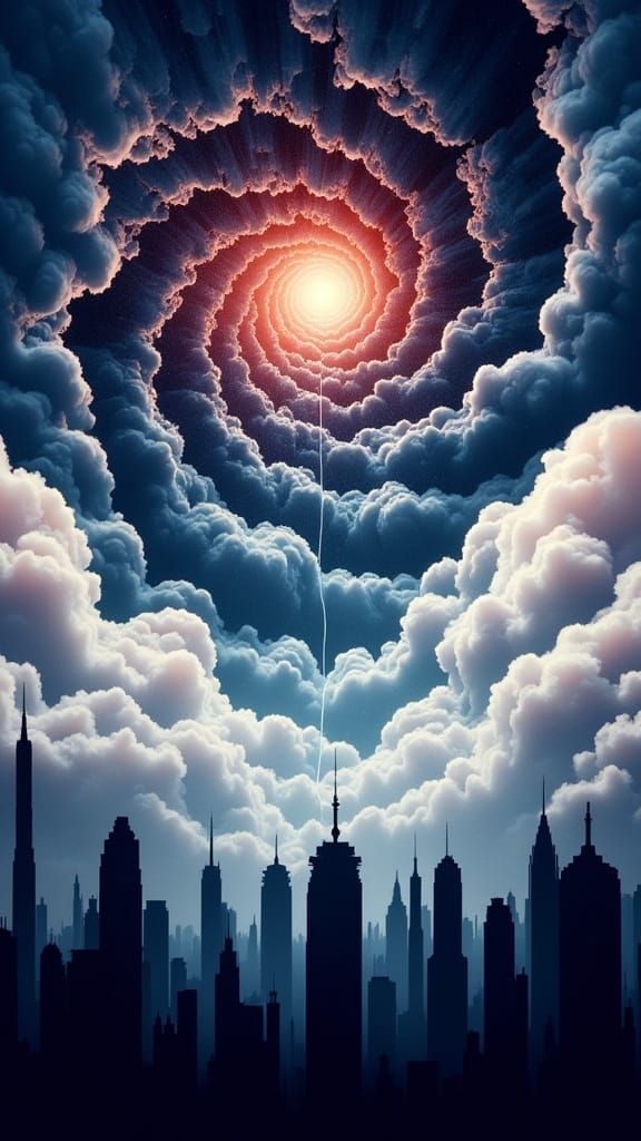 Diamond Clouds Spiral over Shadow City: Futuristic Landscape