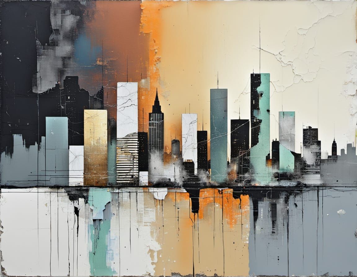Futuristic Cityscape in Distressed Mixed Media Style