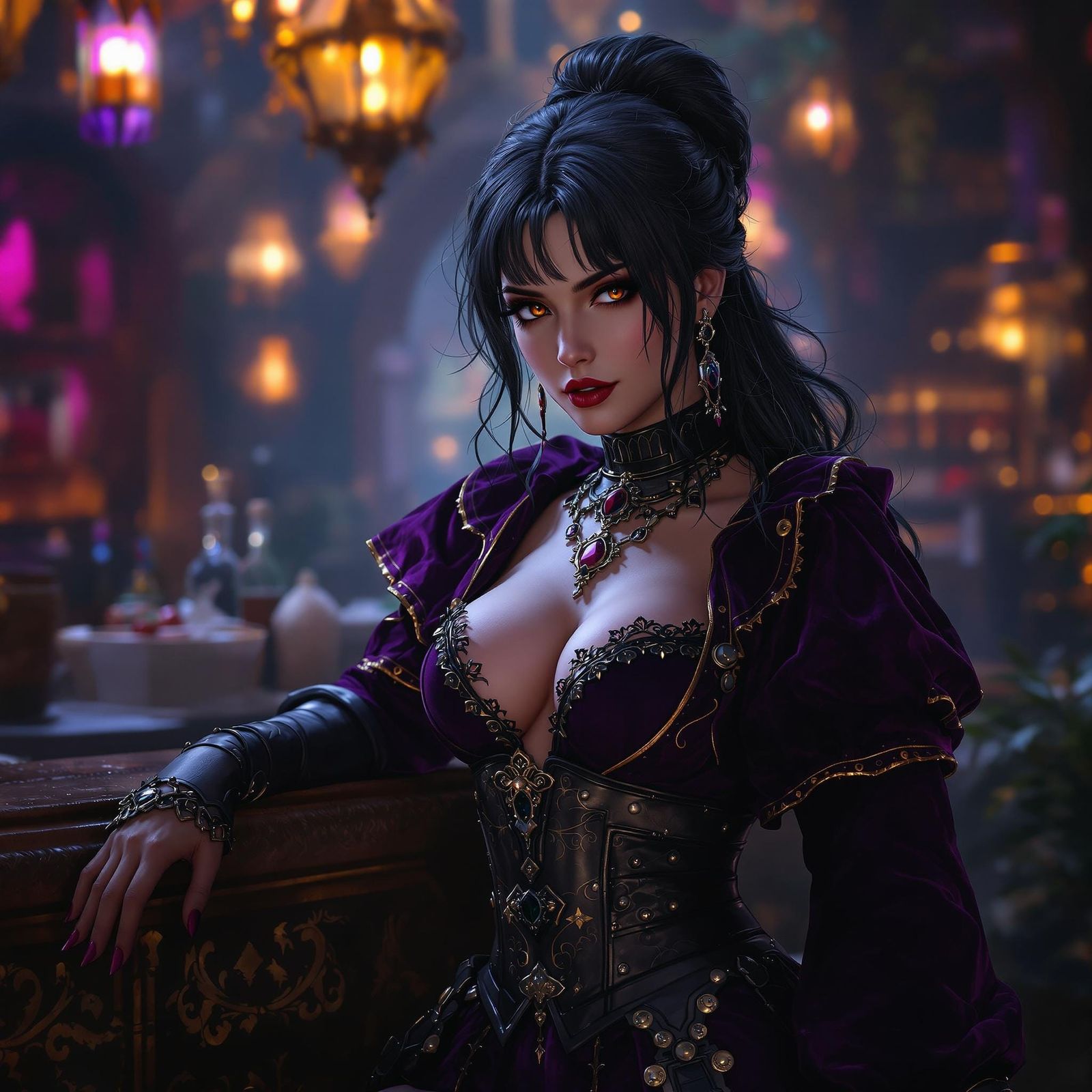 Medieval Fantasy Barmaid in Opulent Velvet and Leather Attir...
