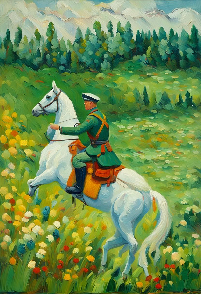 Dutch Soldier and Horse: Neo-Impressionist Oil Painting