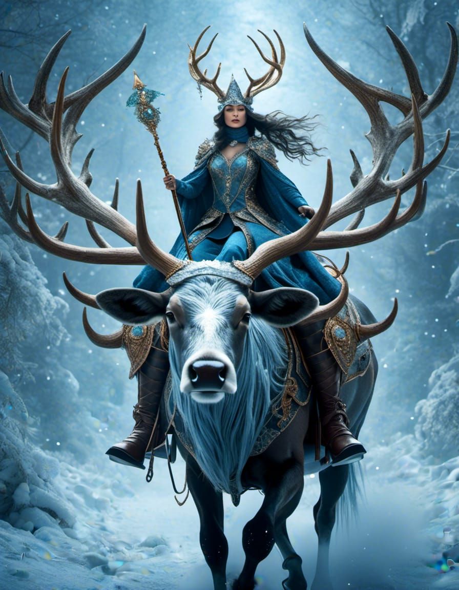 Artic Witch on Armored Elk in Digital Art