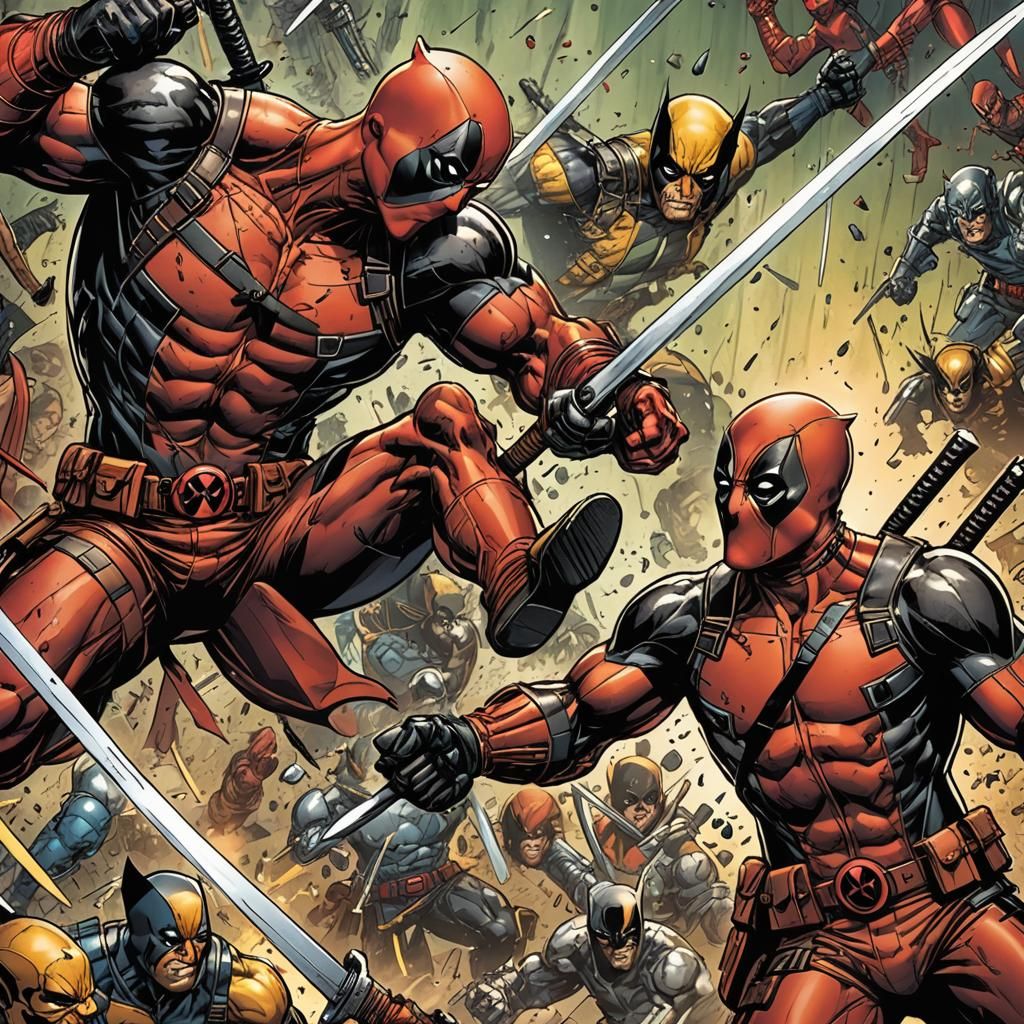 Deadpool and Wolverine Sword Fight in Comic Book Style
