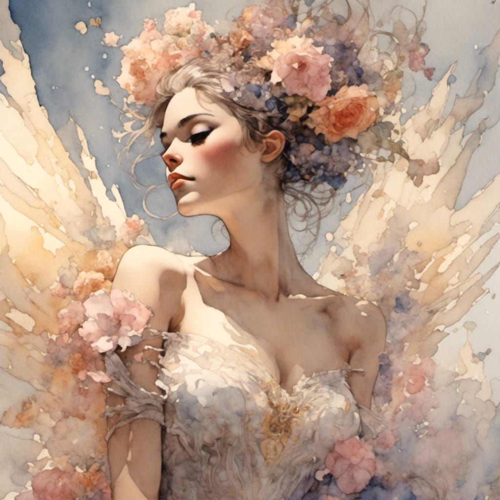 Watercolor Ballerina with Flowers in Fantasy Artwork