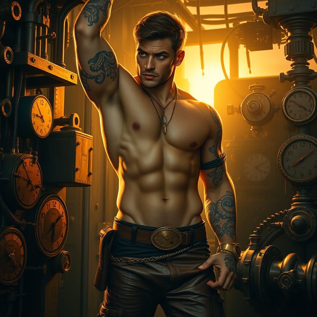 Clockpunk Gentleman Amidst Worn Leather and Brass Accents