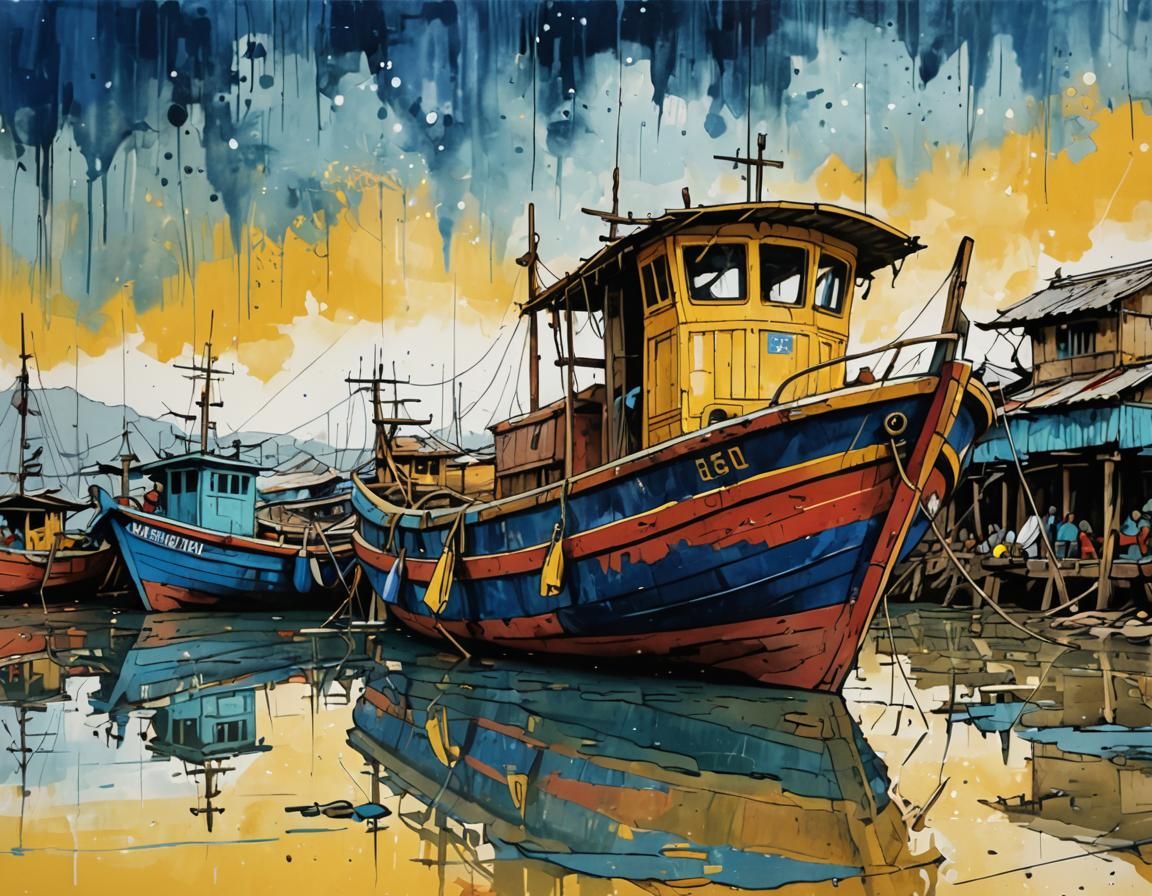 South East Asian Fishing Boat in Vintage Style