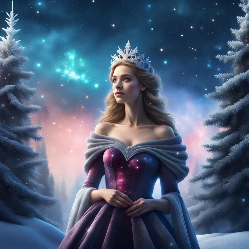 Christmas Princess in Snowy Galaxy Forest