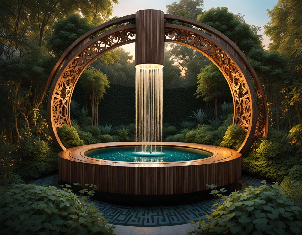 Mystical Wooden Fountain in Overgrown Garden