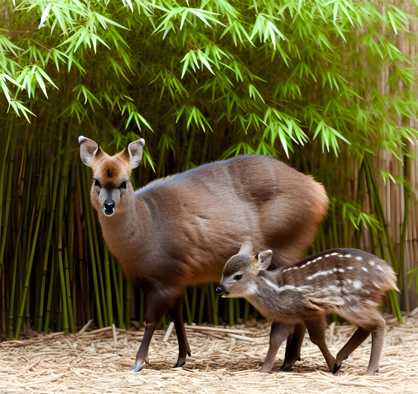 Pudu doe and fawn near a bamboo thicket