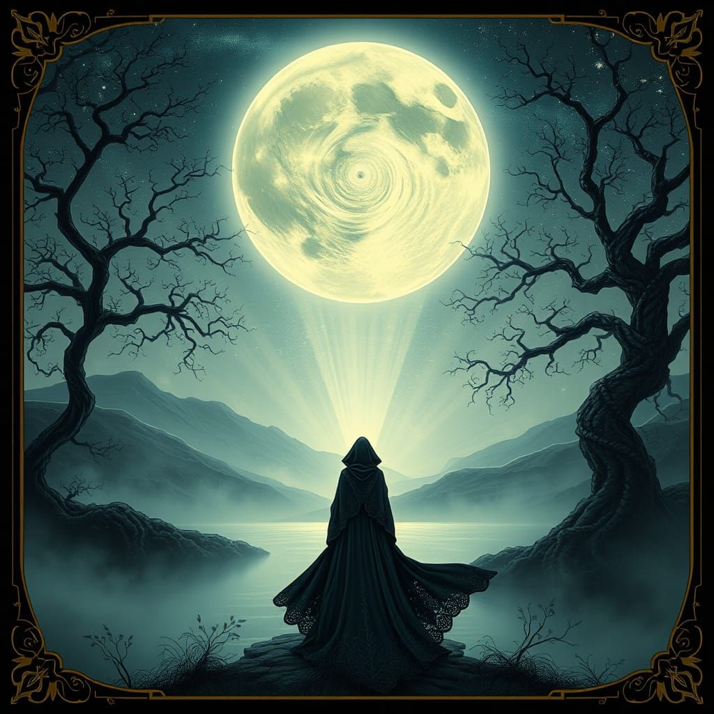 Surreal Figure Gazing at Vortex Moon