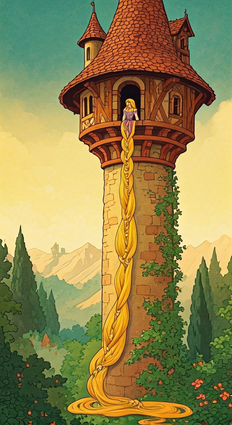 Rapunzel in Tower, 1920s Illustration Style