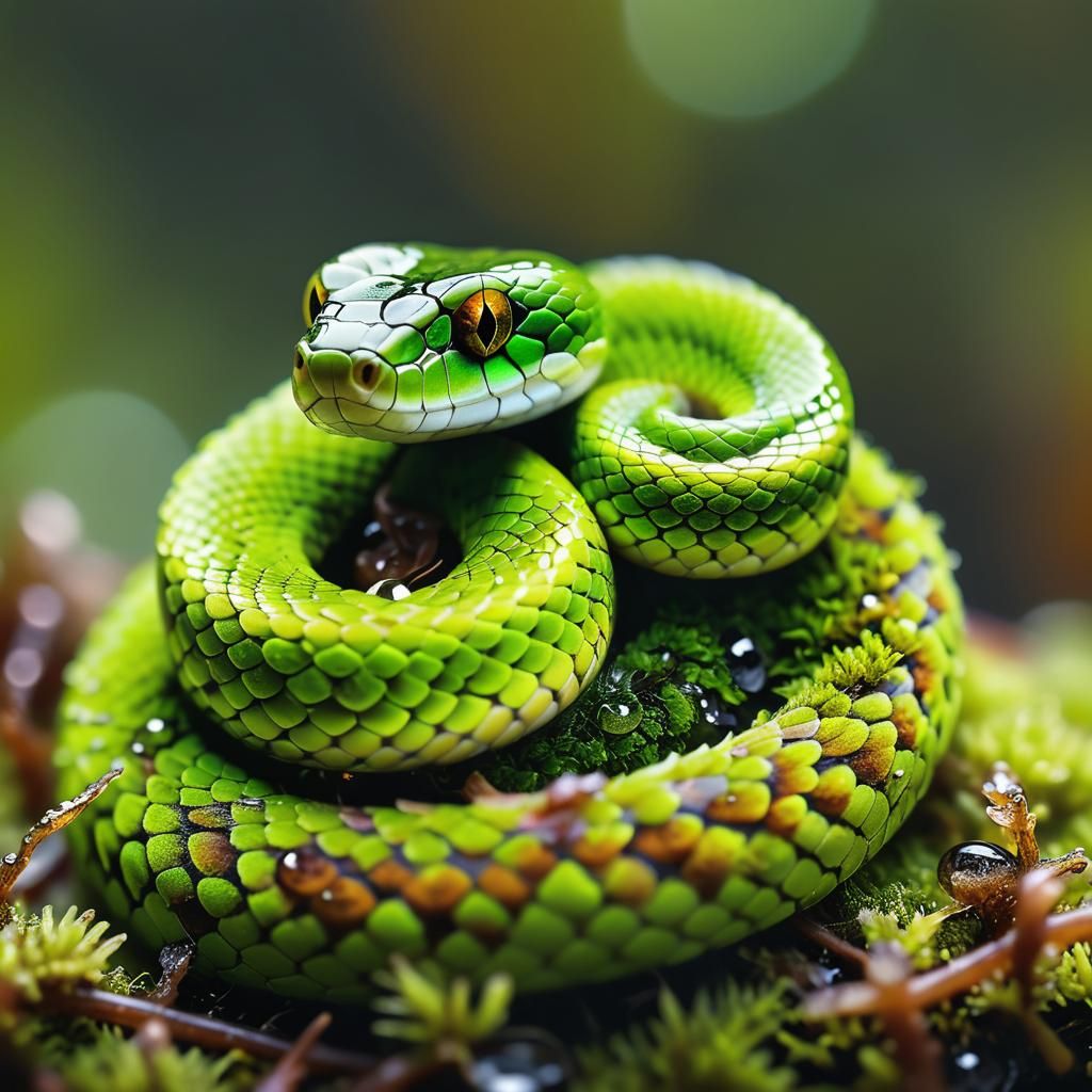 Green Moss Snake in Macro Photography, Digital Art