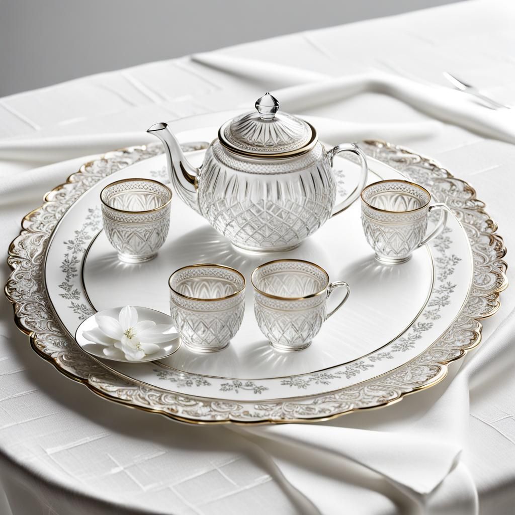 Elegant Crystal Tea Set on Embroidered Cloth