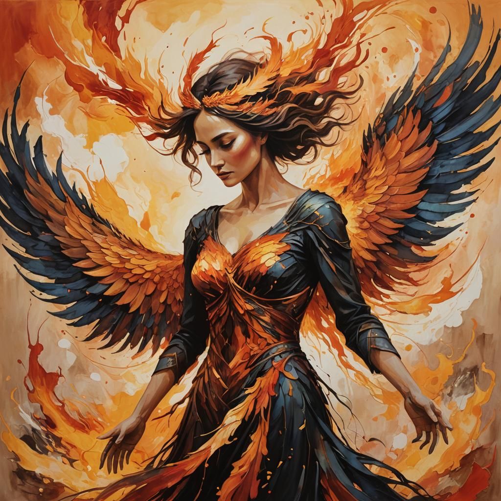 Phoenix Woman Rising: Abstract Sunrise Transformation