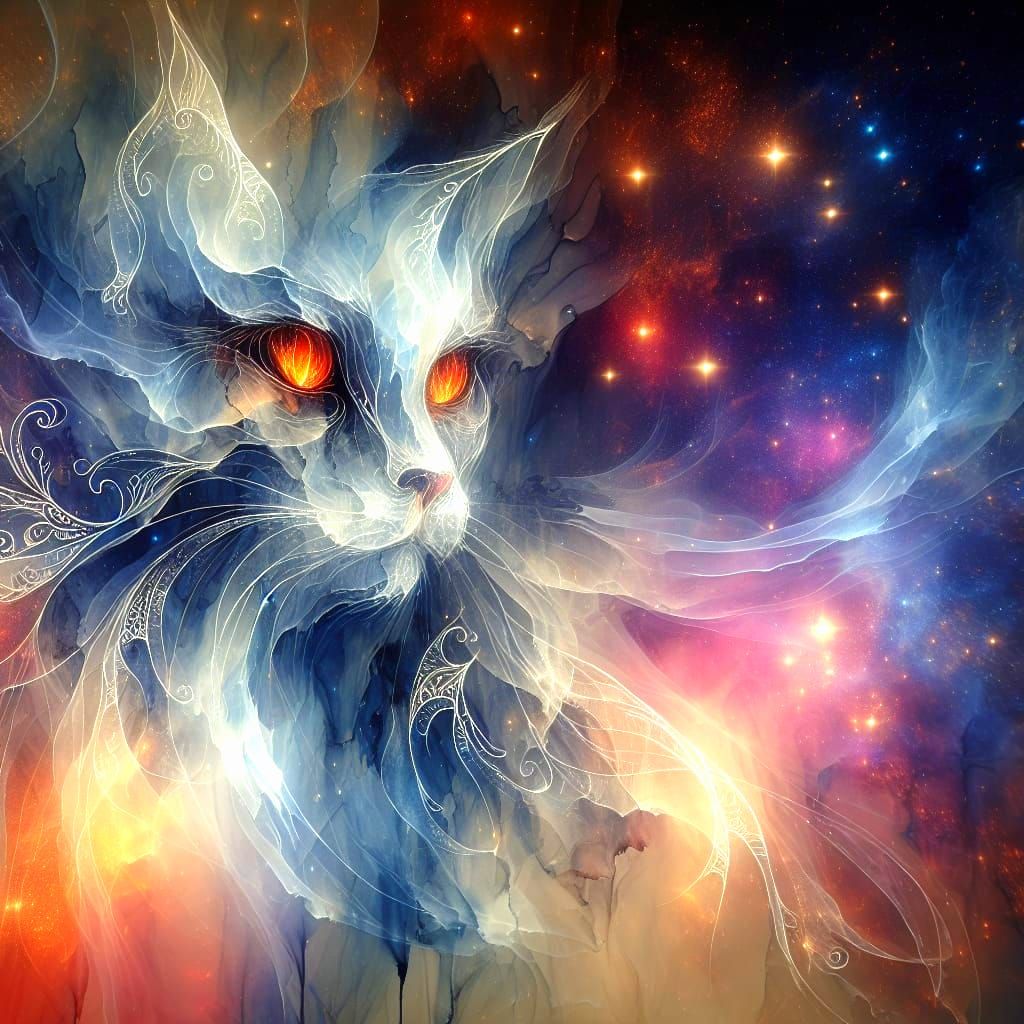 Ethereal Watercolor Feline Blends into Cosmic Star Field