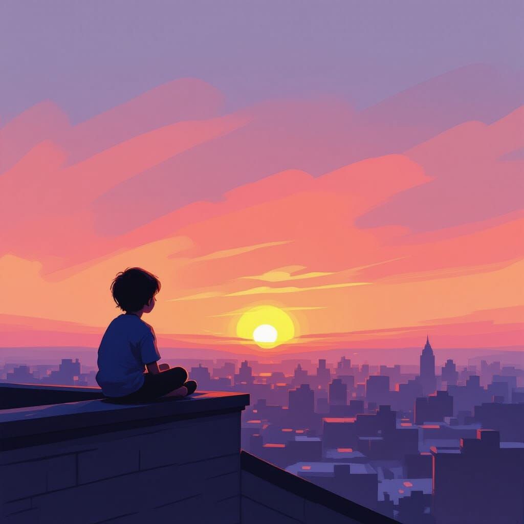 Child Silhouetted on Rooftop Watching a Serene Sunset