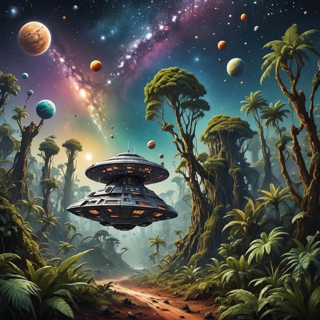 Spaceship Landing on New Planet in Surreal Glitter Art