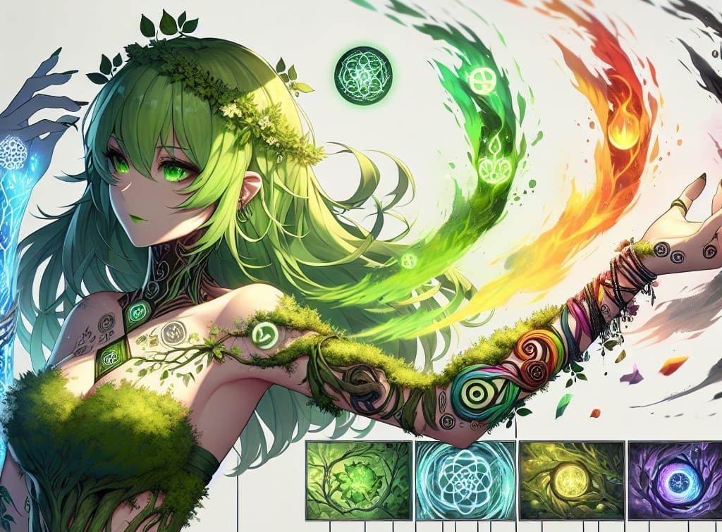 Anime Dryad Elementalist Activating Magic Tattoos