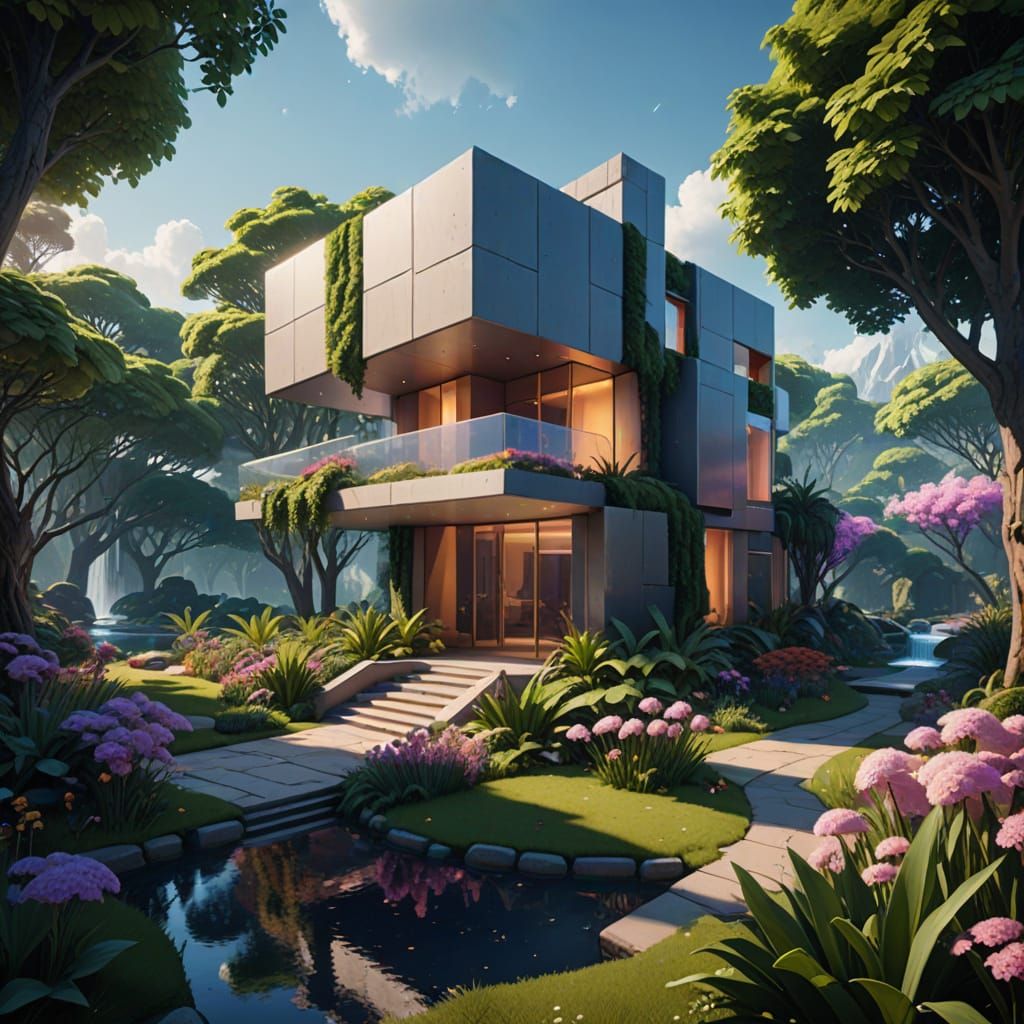 Cyberpunk Cube Mansion in Serene Garden