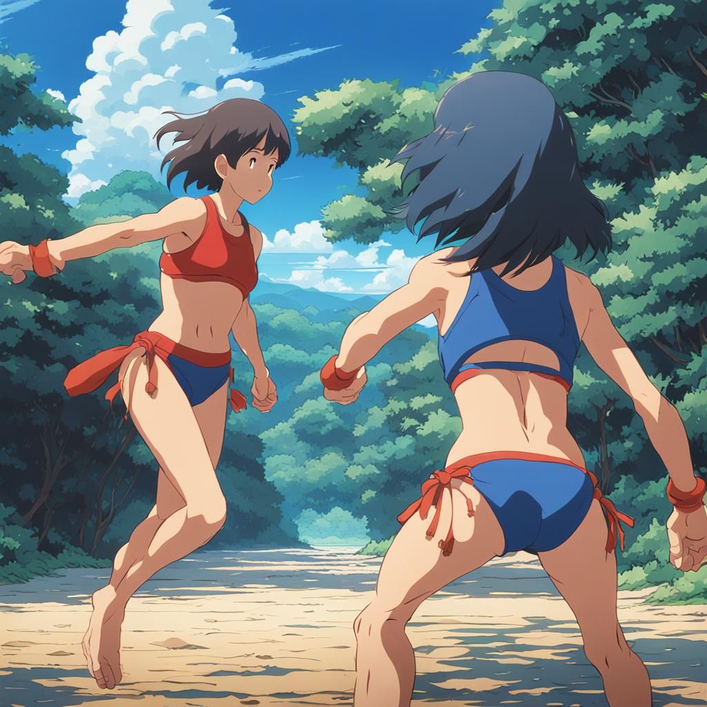 Anime Bikini Wrestling in Studio Ghibli Style
