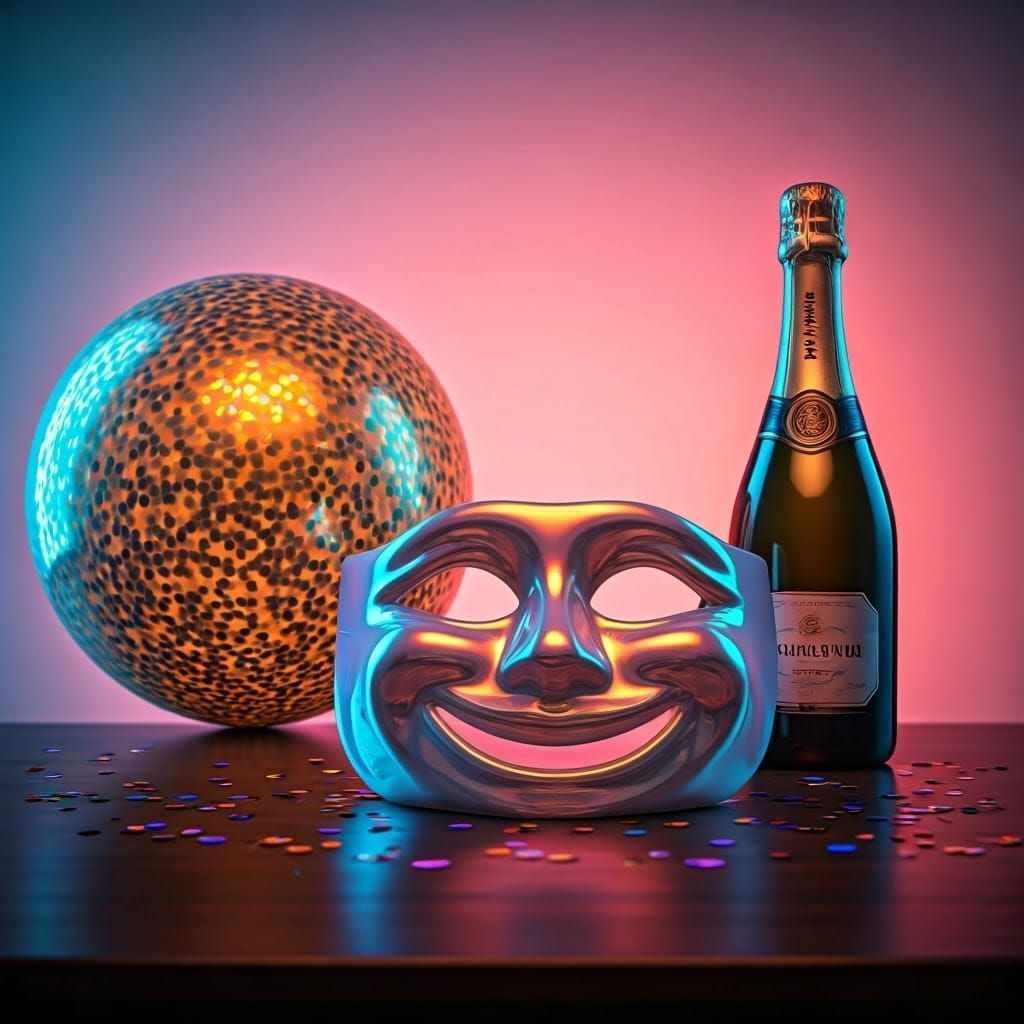 Iridescent Mask Celebrates with Champagne and Confetti