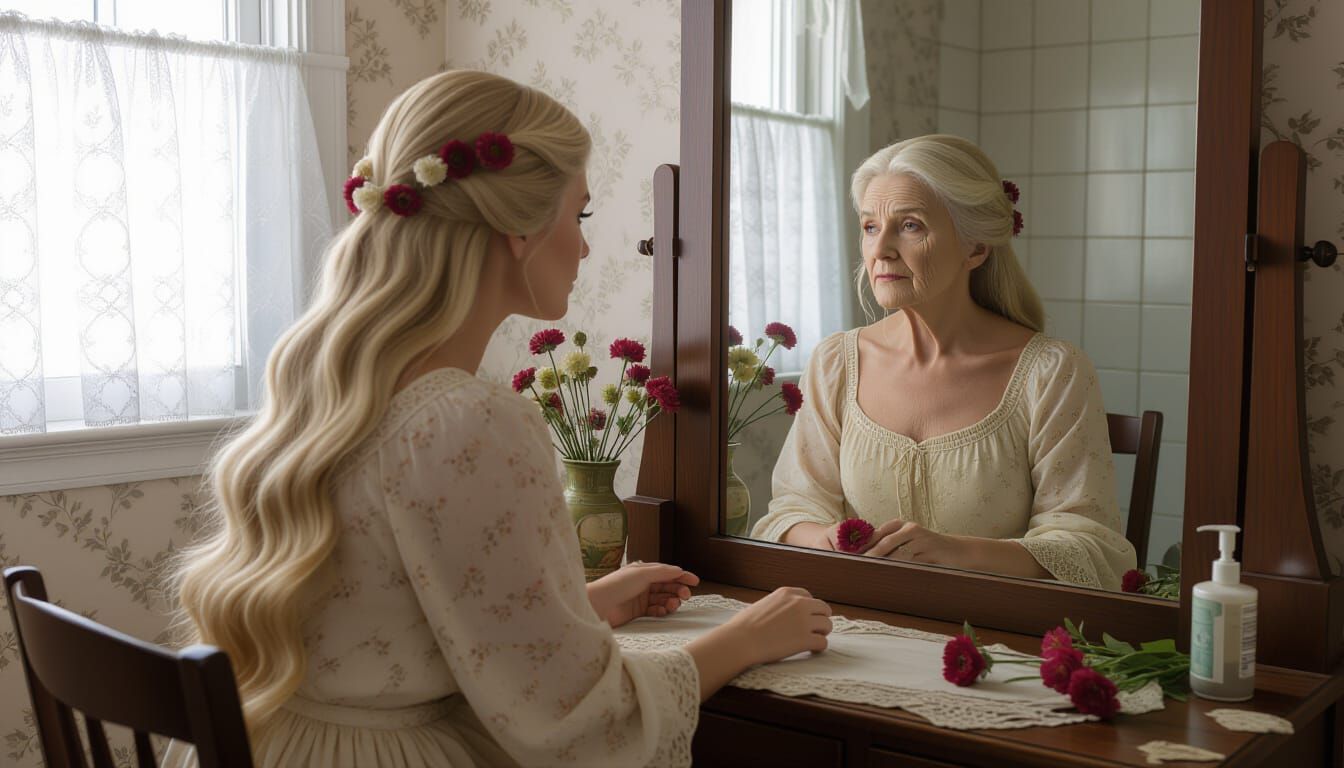 Goddess Reflects on Past Self in Romanticism Style