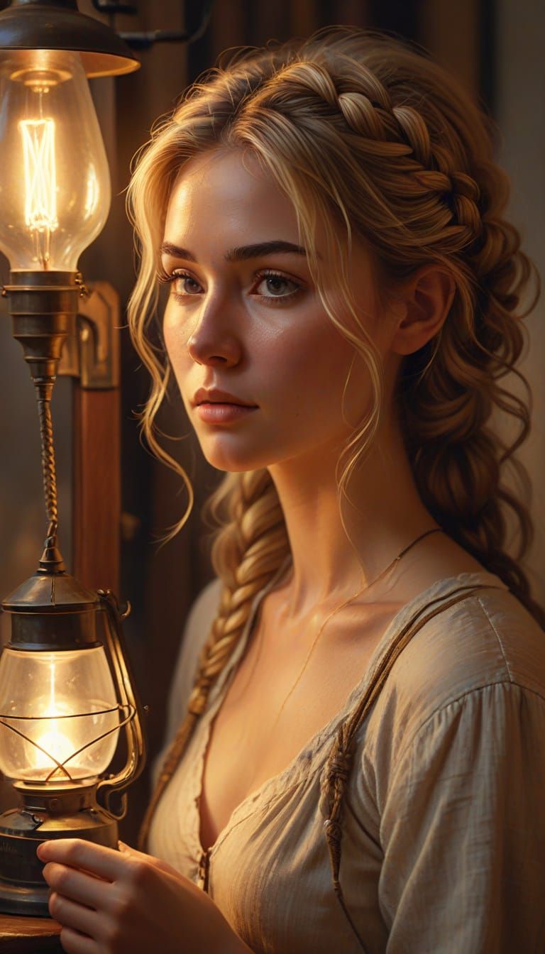 Young Woman Studying by Gas Lamp, Oil Painting Style