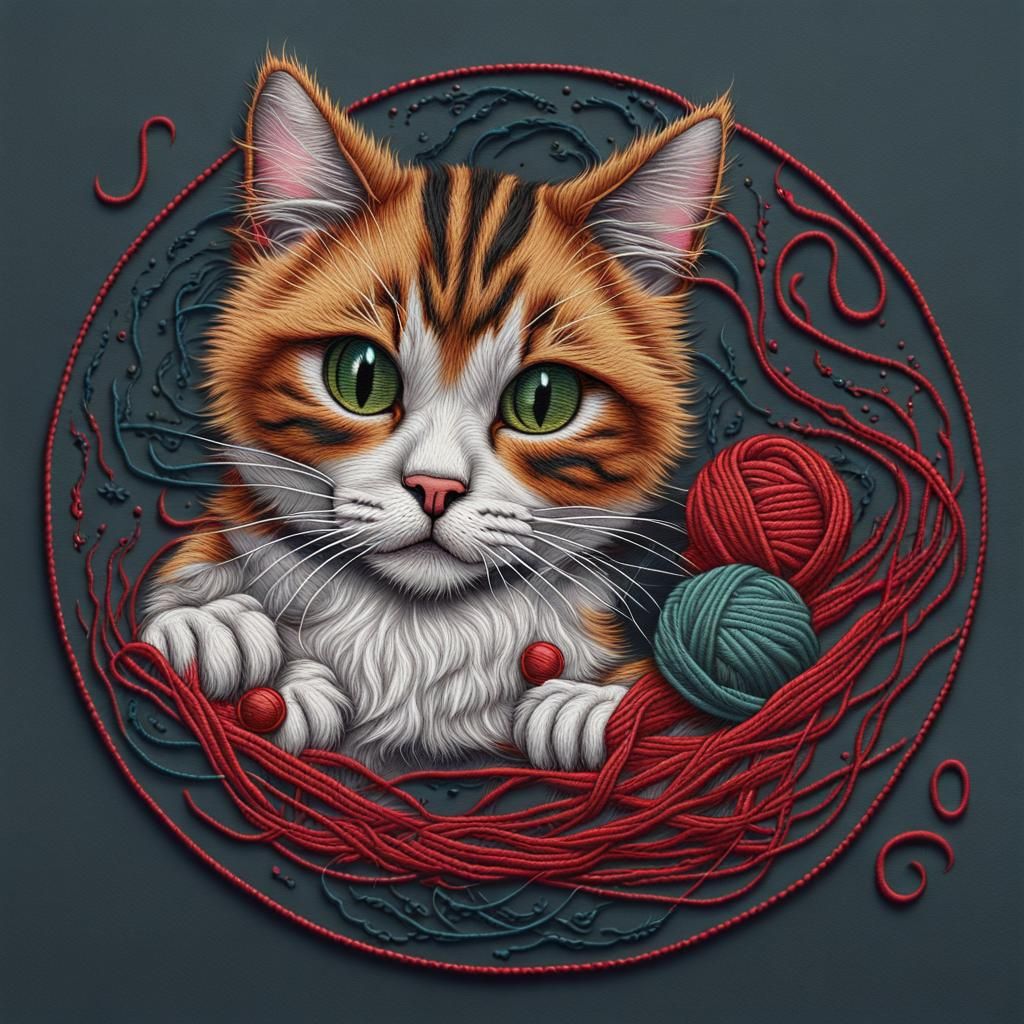 Charming Embroidered Cat with Yarn Paw Prints