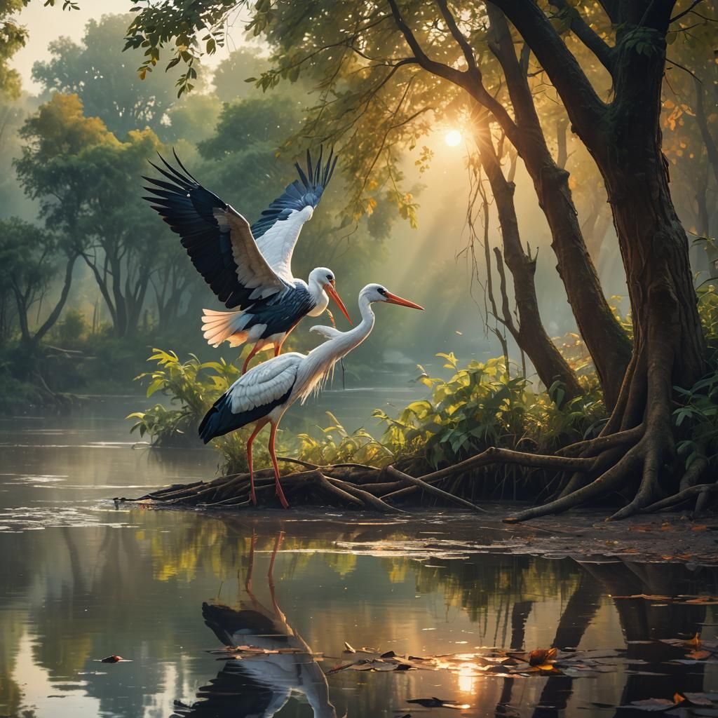 Stork on Riverbank in Vibrant Digital Painting