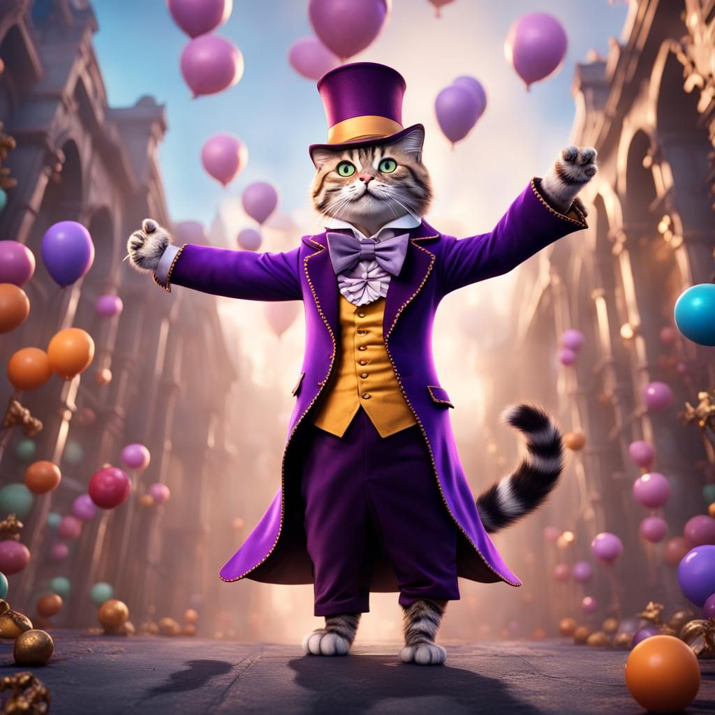 Cat Cosplays Willy Wonka: Detailed Matte Painting