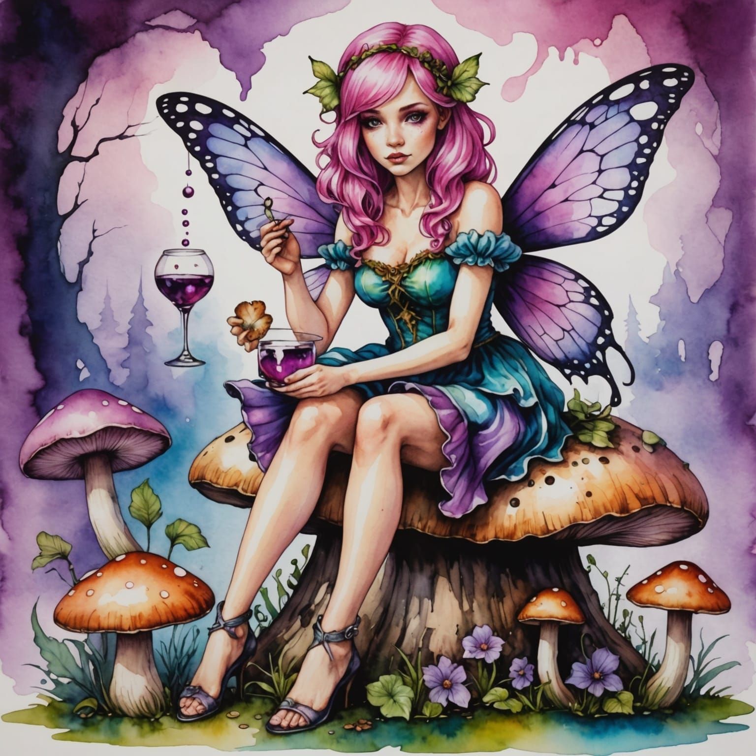 Pink-Haired Fairy on Mushroom in Alcohol Ink Style