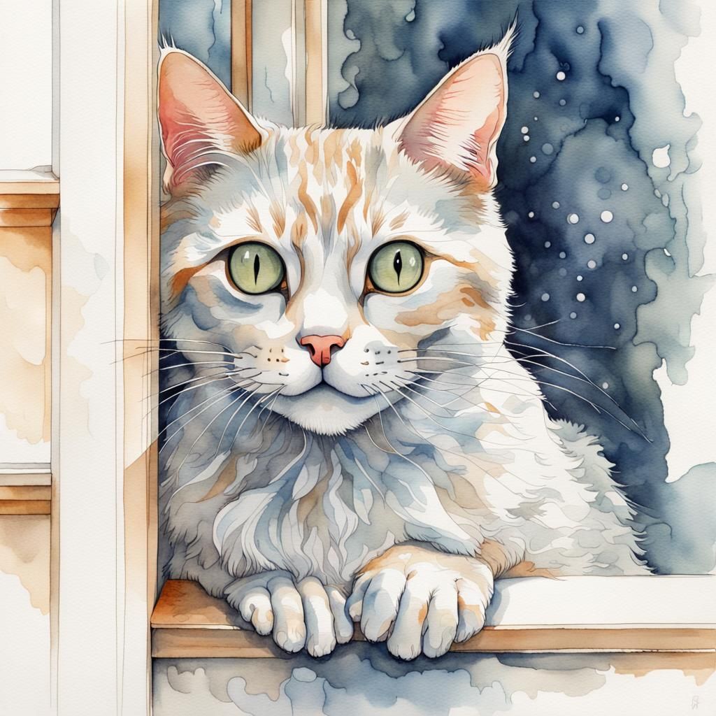 Adorable Cat in Window, Watercolor Ink Drawing