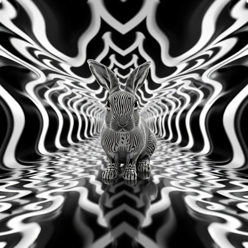 Surreal Art Deco Rabbit Optical Illusion in Black and White