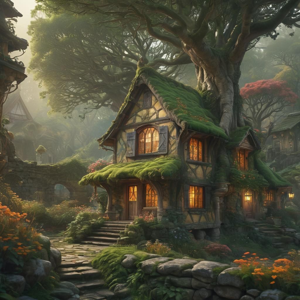 A hyper-detailed, enchanting illustration of a cozy, moss-co...